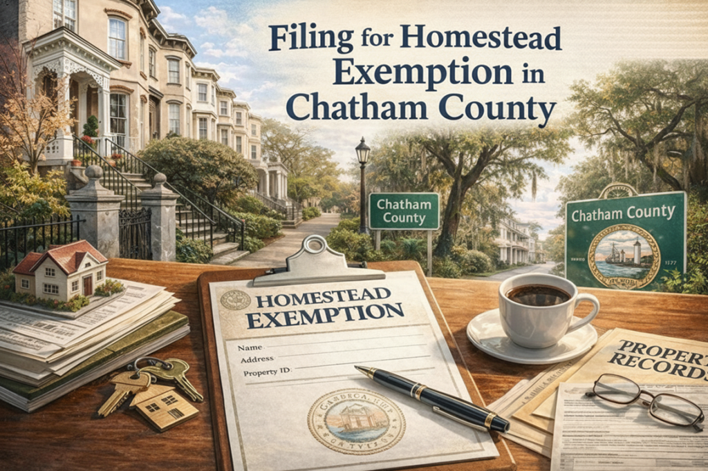 Filing for homestead exemption in Chatham County, Georgia, with historic Savannah homes in the background
