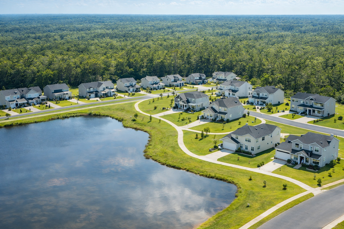 Aerial view of a residential subdivision with a pond — living in Springfield GA means a smaller, more affordable market than the rest of Effingham County