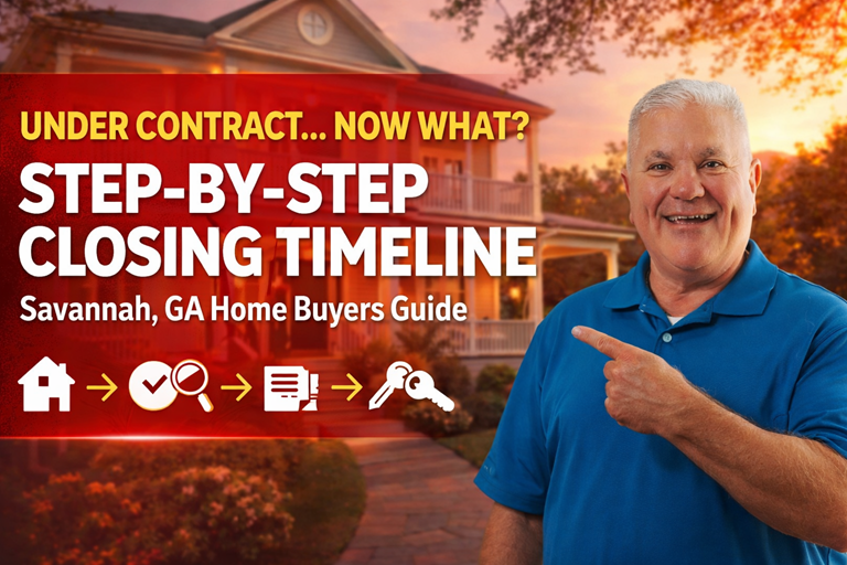 Savannah GA home buying guide showing step-by-step closing timeline from under contract to closing day with inspection, paperwork, and keys process