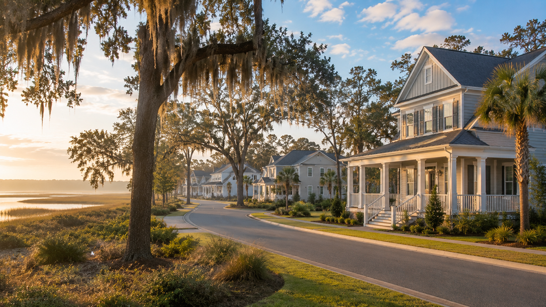 New construction homes near Spanish moss and marshland in Richmond Hill, Georgia