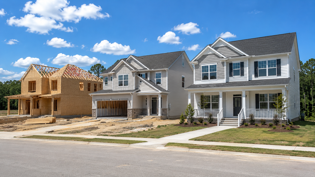 New construction homes by various builders in different stages of completion