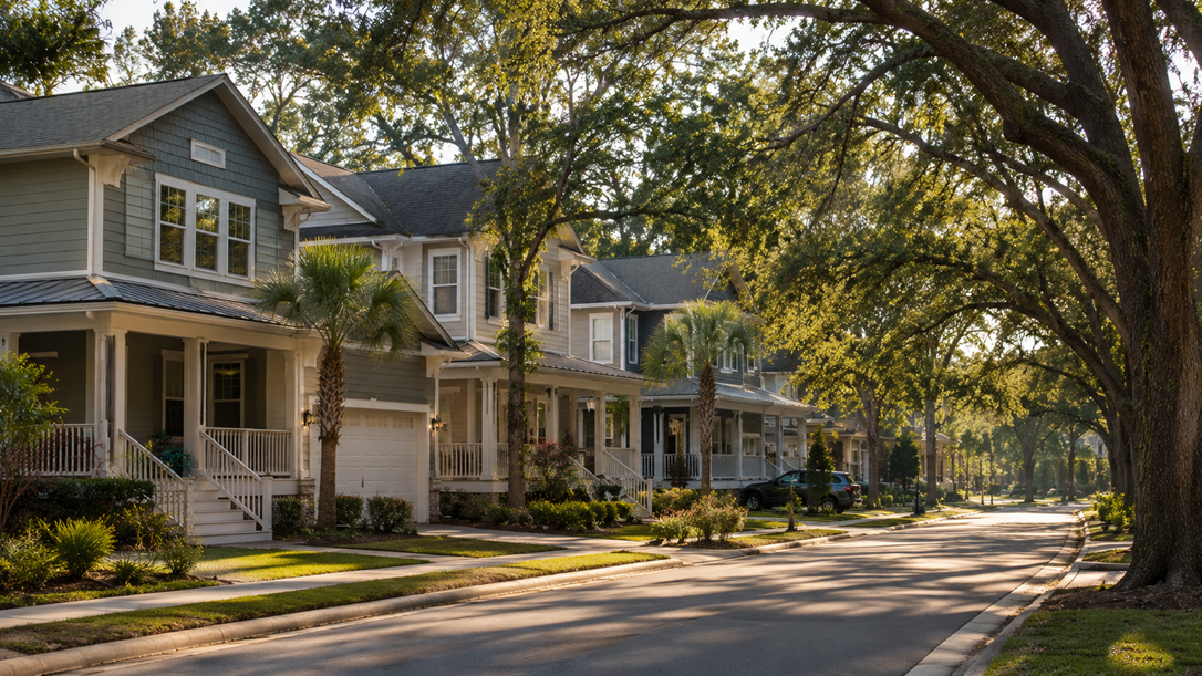 Cobblestone Village new homes in west Savannah Georgia by DR Horton — quiet completed suburban street