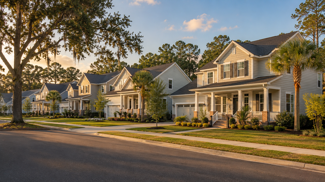 A row of newly built DR Horton-style suburban homes in coastal Georgia
