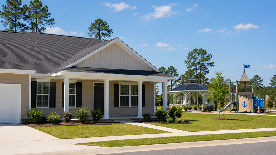 Palm Ridge new construction in Guyton Georgia by DR Horton — single-story Express Series home with coastal-themed playground