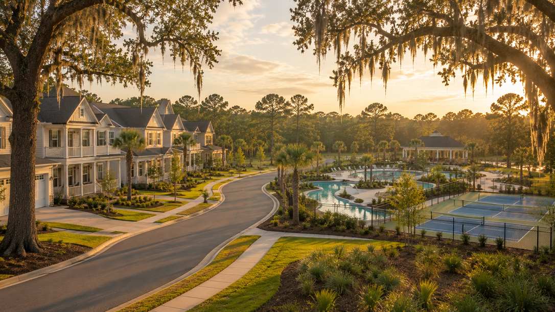 Rice Hope new construction homes in Port Wentworth Georgia by DR Horton — resort-style amenity community at golden hour