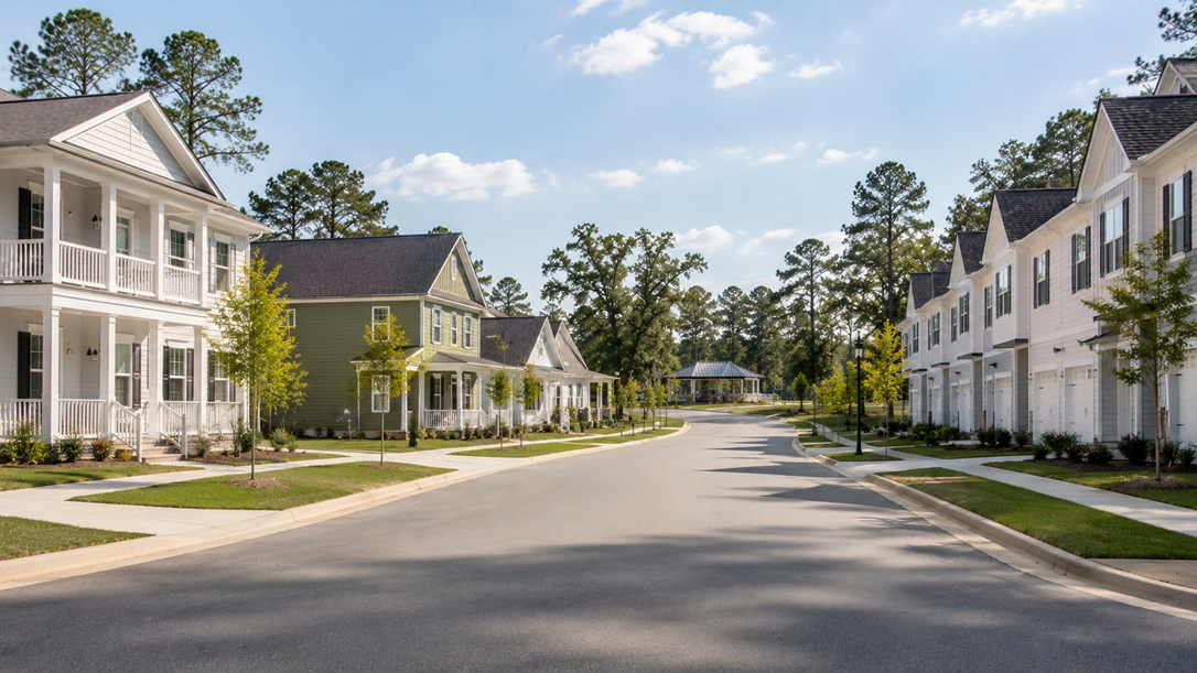 Stockyard new construction community in Statesboro Georgia by DR Horton — mixed townhomes and single-family homes near downtown