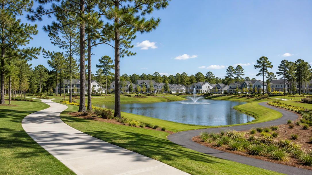 The Pines at New Hampstead new construction in Bloomingdale Georgia by DR Horton — master-planned community with pond and walking paths