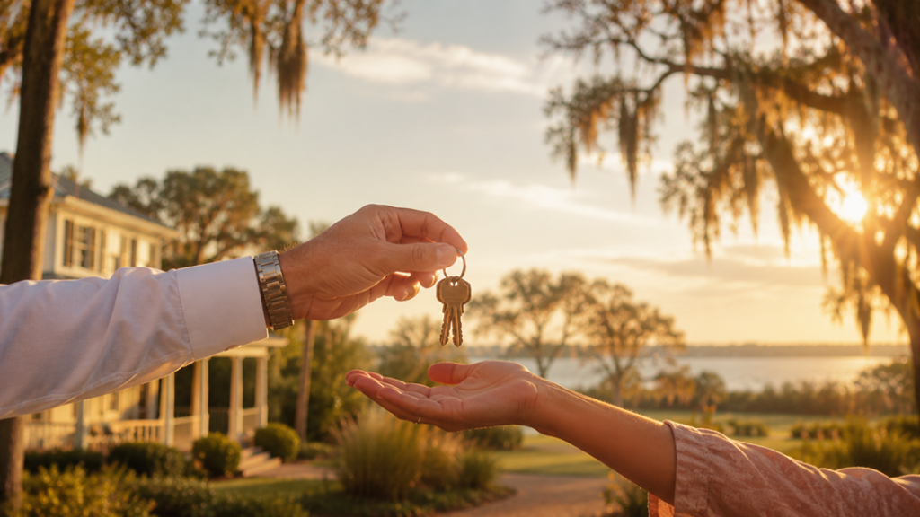 Hand passing house keys to a buyer in Rincon, Georgia at golden hour — the moment of taking action on homeownership