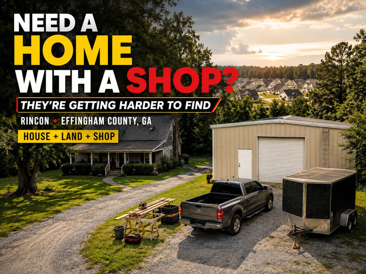 A Rincon GA property with a detached steel shop, roll-up door and room for a truck and trailer, with new subdivisions on the treeline