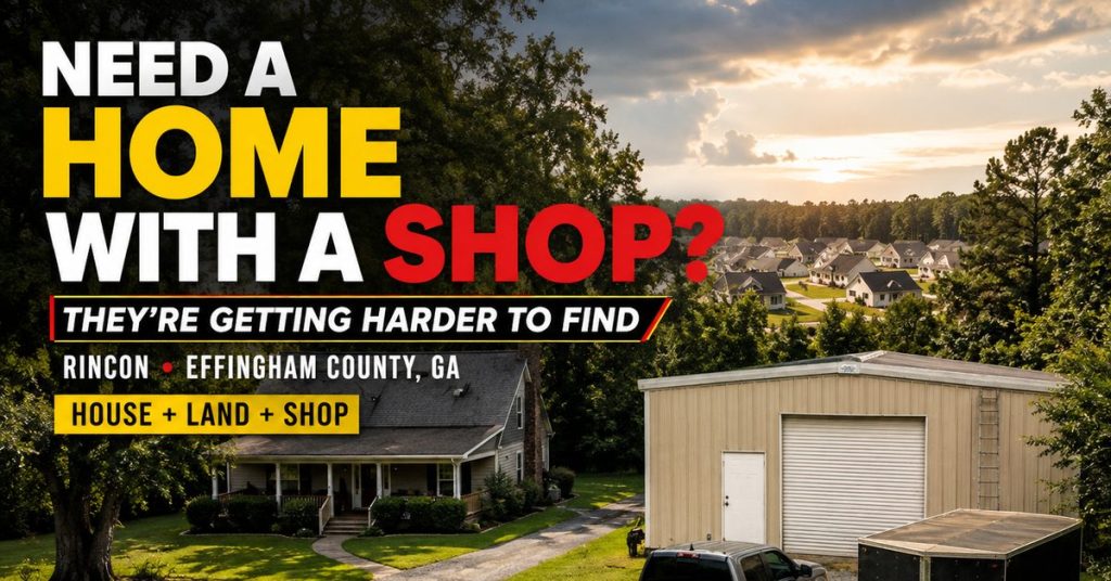 Homes with shops in Effingham County are getting harder to find — house, land and a detached shop near Rincon, GA