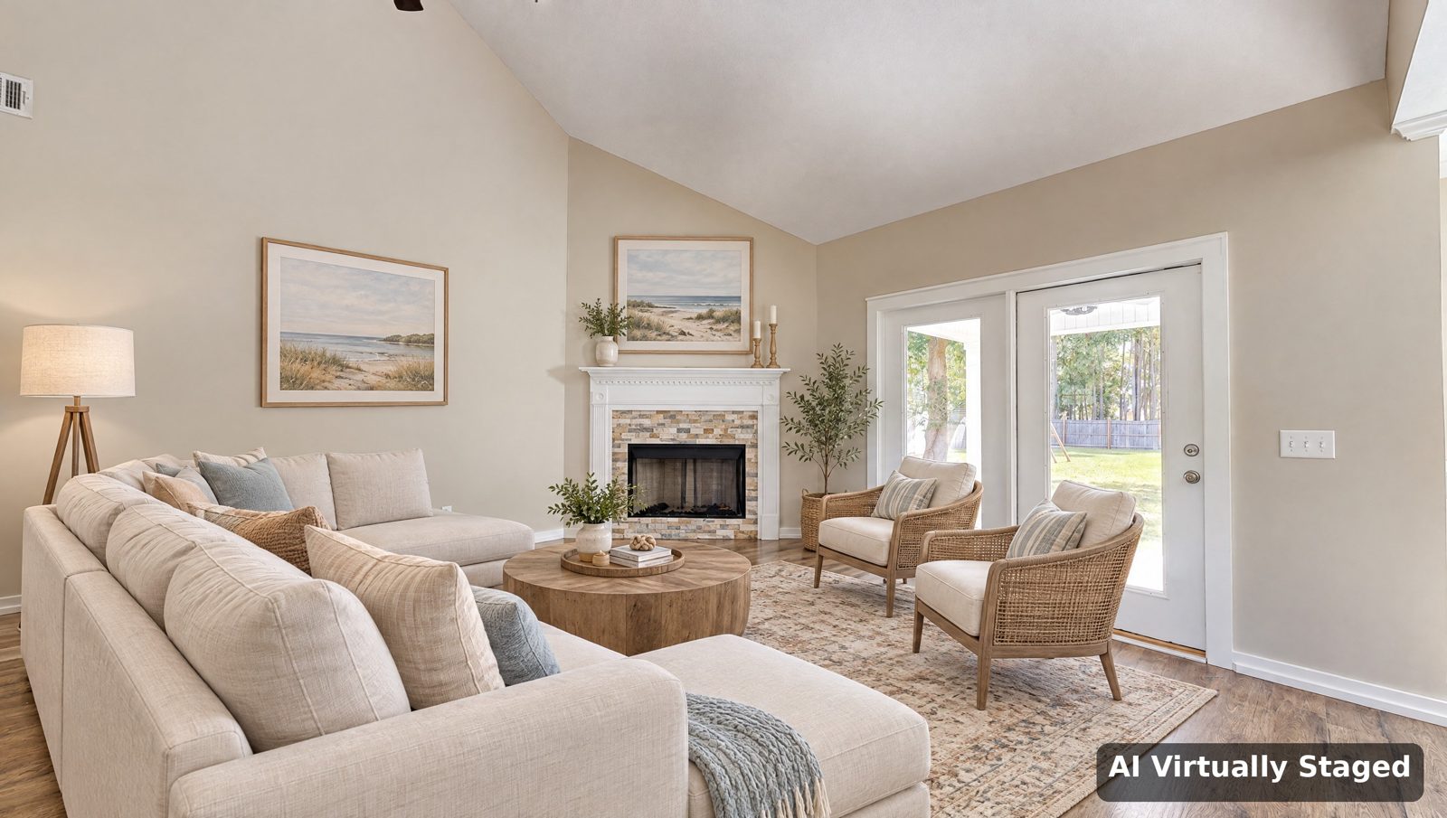 Great room shown virtually staged with furniture