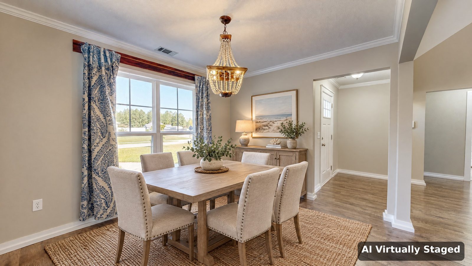 Dining area shown virtually staged with a table